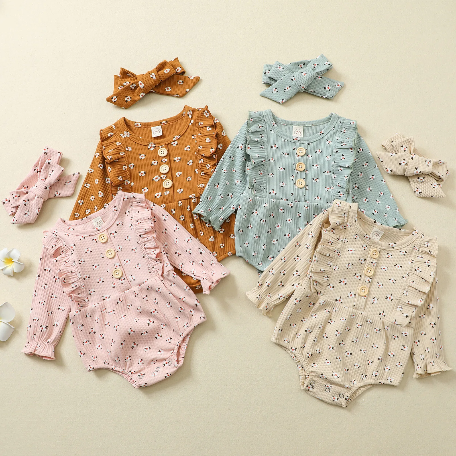 

Autumn Winter Infant Toddler Clothes Princess Knitted Floral Ruffles Long Sleeve Bodysuit Headband Girls Baby Ribbed Romper, Photo showed and customized color