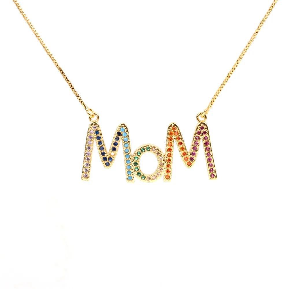 

Mother's Day Gifts Rainbow Cubic Zirconia Alphabet Necklace Big Size Micro Paved Colorful Zircon MOM Letter Pendant Necklace