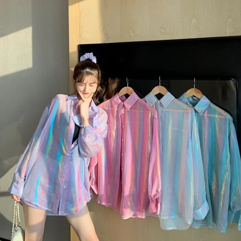 

Transparent Shirt Women Beautiful Blouse Sheer Top Ladies Korean Style 2021 Summer Oversized Sun-proof Kawaii Ulzzang, Blue pink white purple