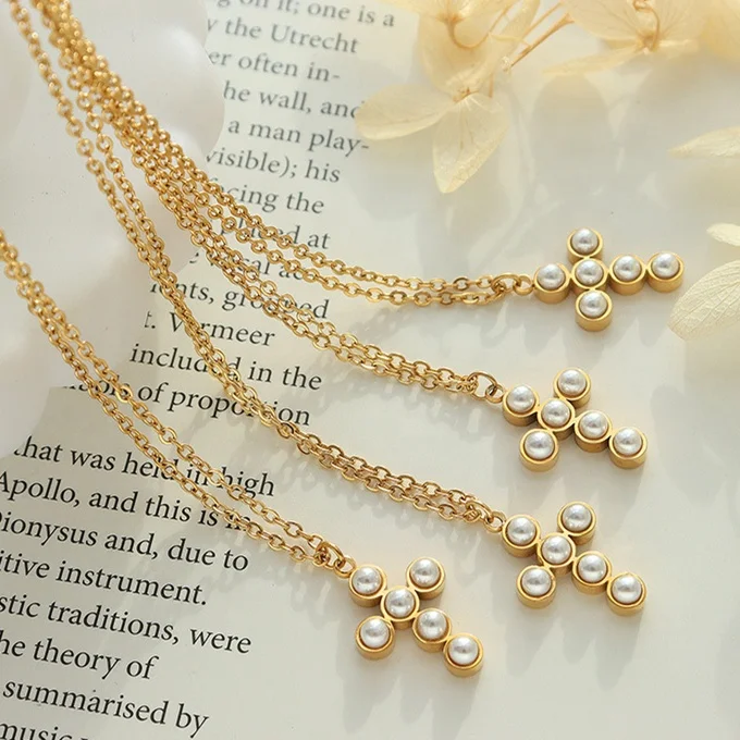 

New Design Cross Imitation Pearl Necklace Stainless Steel Fashion Jewelry 18K Gold Necklaces