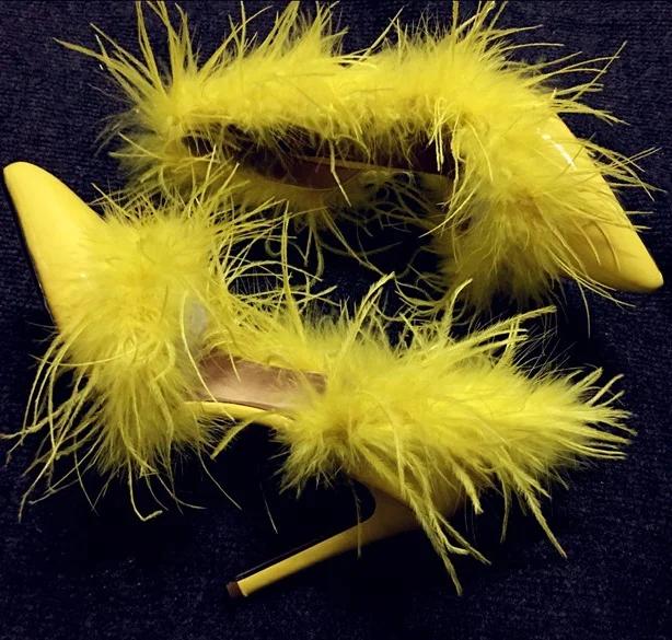 

New sexy yellow feather women pumps lady shoe high heels