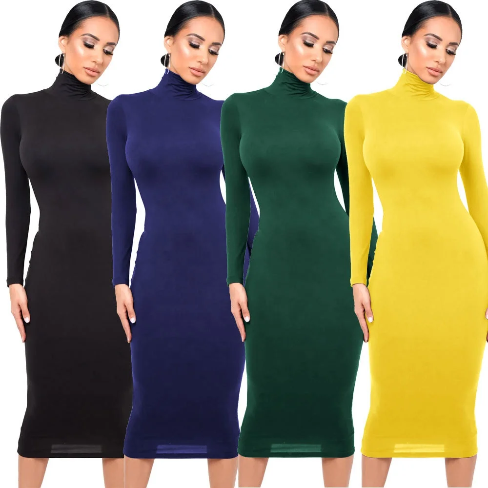 

B63367A Autumn new sexy high-necked wool thickened slimming wrap hip dress