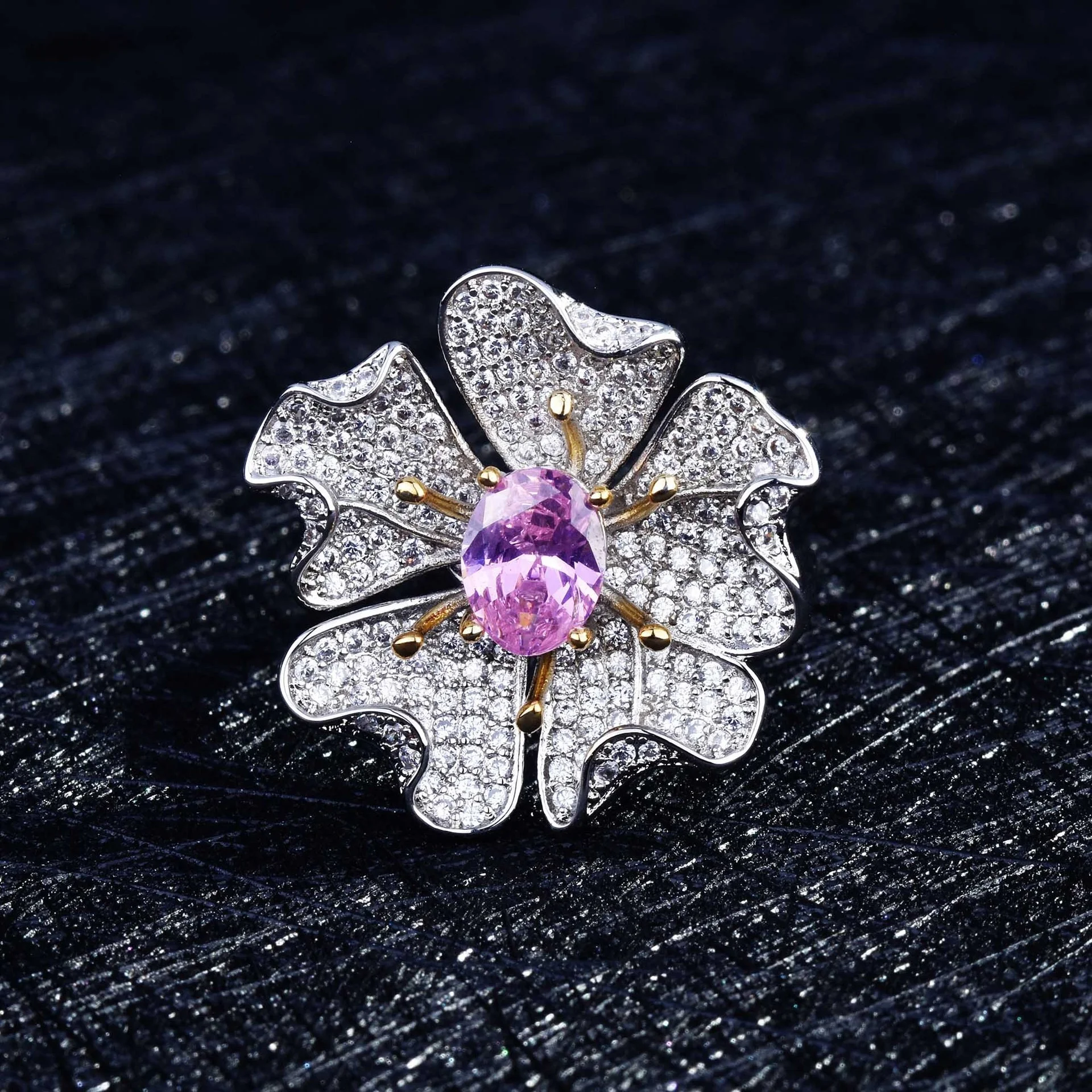 

Vintage Female Pink Crystal Stone Ring Charm Silver Color Big Wedding Rings For Women Charm Flower Zircon Engagement Ring, Picture shows