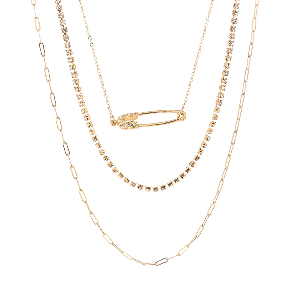 

2020 New Creative Gold Multi-layer Pin Necklace Personality Long Diamond Brooch Clavicle Chain Pendant Necklace