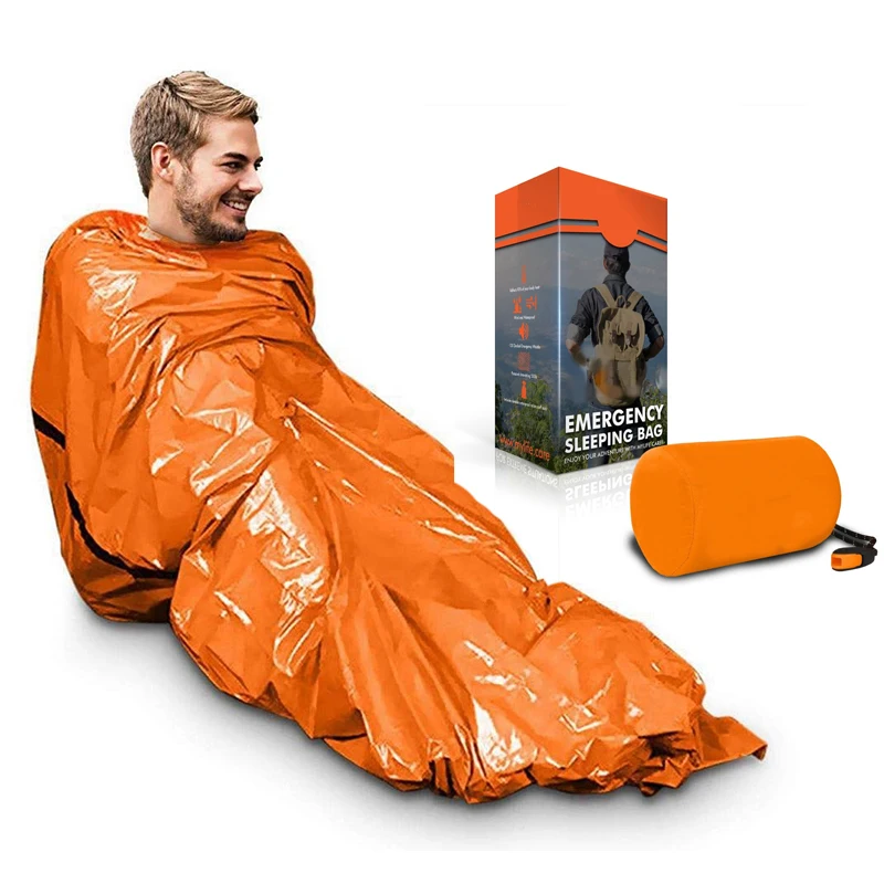 

Aluminum Foil PE Emergency Sleeping Bag outdoor Survival Camping accessories Bivy Sack Thermal Mylar Insulation blanket, Orange