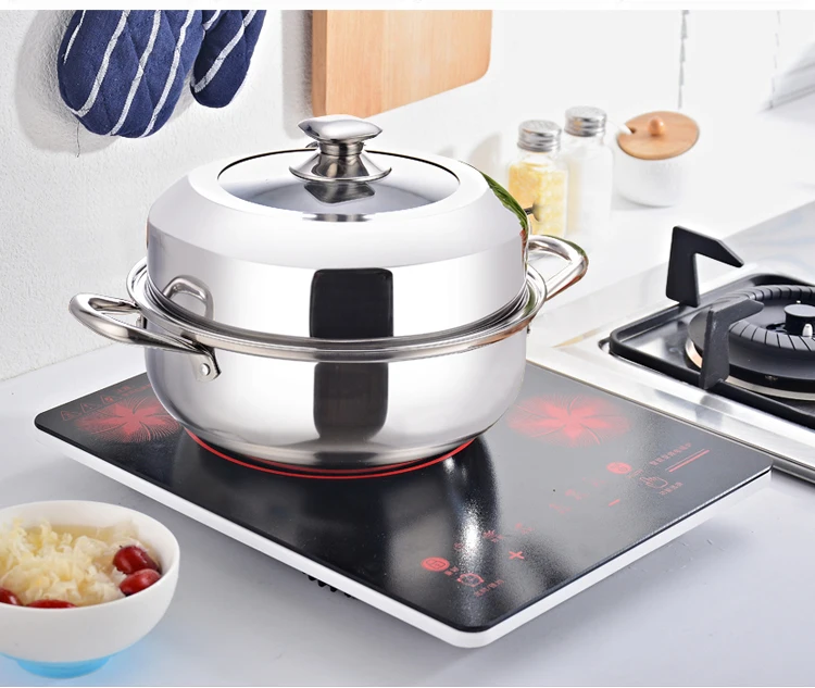 

Wholesale Kitchen accessories 2 layers portable Fashion Steam stainless steel Hot Pot with Steel Handle Steamers
