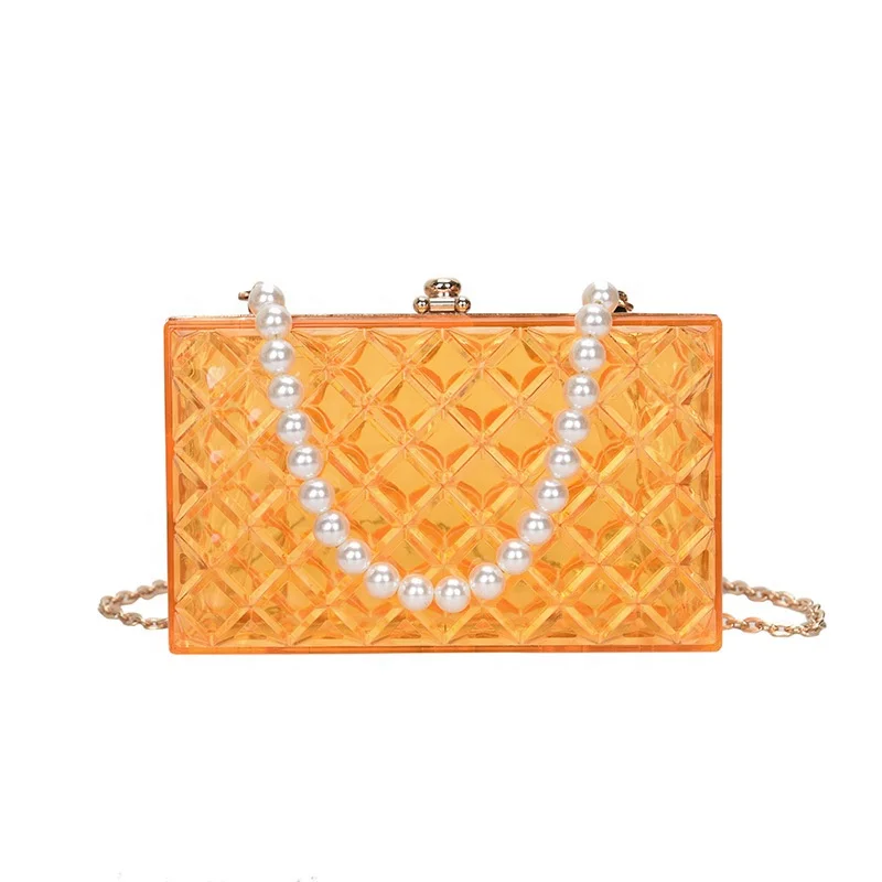 

Fashion Transparent Jelly Ladies Cosmetic Bag Cross Chain Shoulder Top Pearl Handbags Women Travel Beach Bag PVC