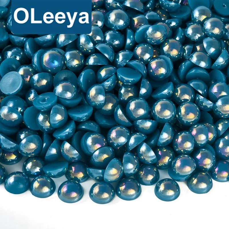 OLeeya Wholesale Plastic Half Round Pearls Ocean Blue Ab Color Free Water Loose Pearls Decoration for Shoes Tumblers Crafts