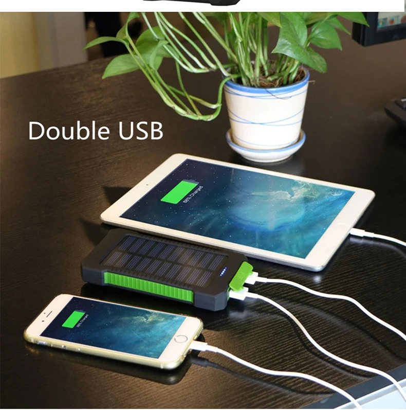Dual USB Power Bank 20000mAh Waterproof Battery Charger External Portable Solar Panel Solar Power Bank with LED Light