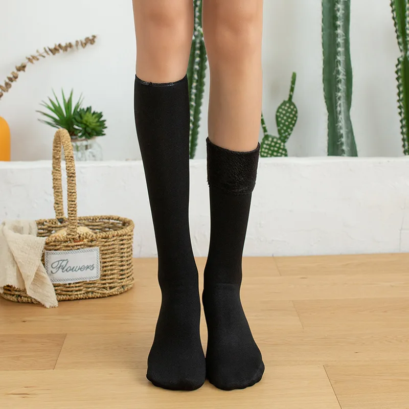 

Winter ladies high knee warm snow socks solid color polyester velvet thickened stacked women calf floor tube socks, Picture