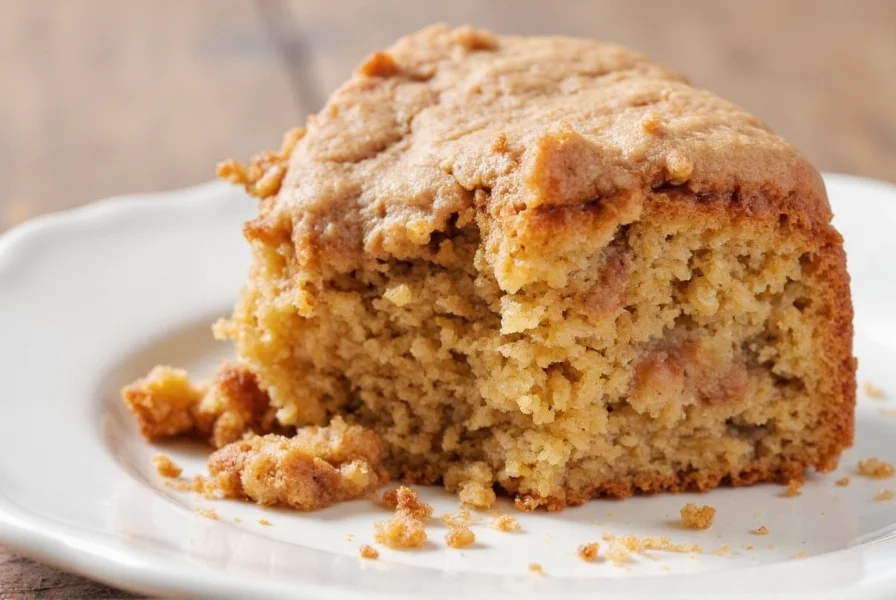 Slice of apple cinnamon cake with melting vanilla ice cream on a dessert plate