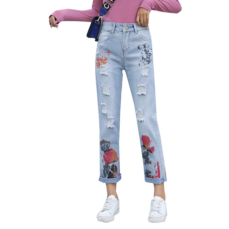 

2021 spring and summer personality nine-point pants jeans Printed ripped jeans women high waist slimming loose old pants