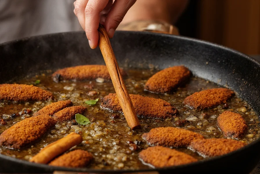 Chef indien ajoutant un bâton de cannelle dans une poêle traditionnelle