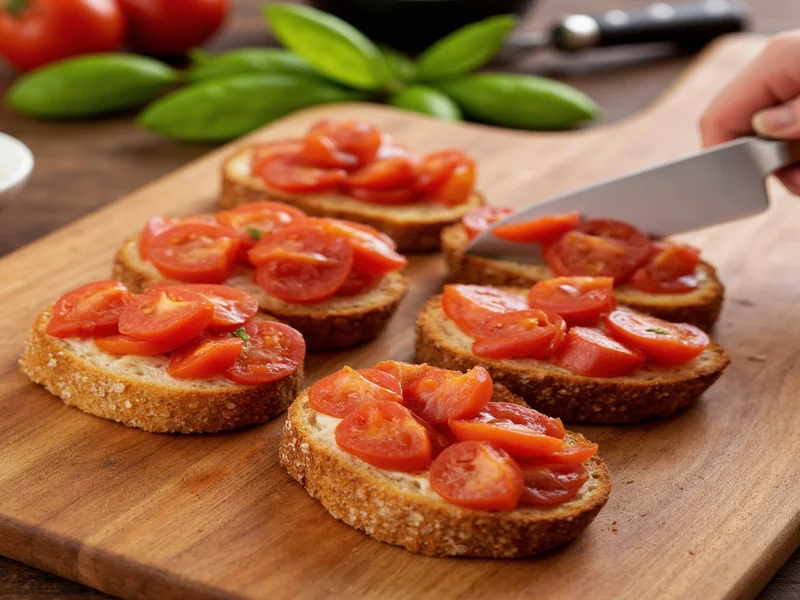 Step-by-step bruschetta preparation on wooden cutting board