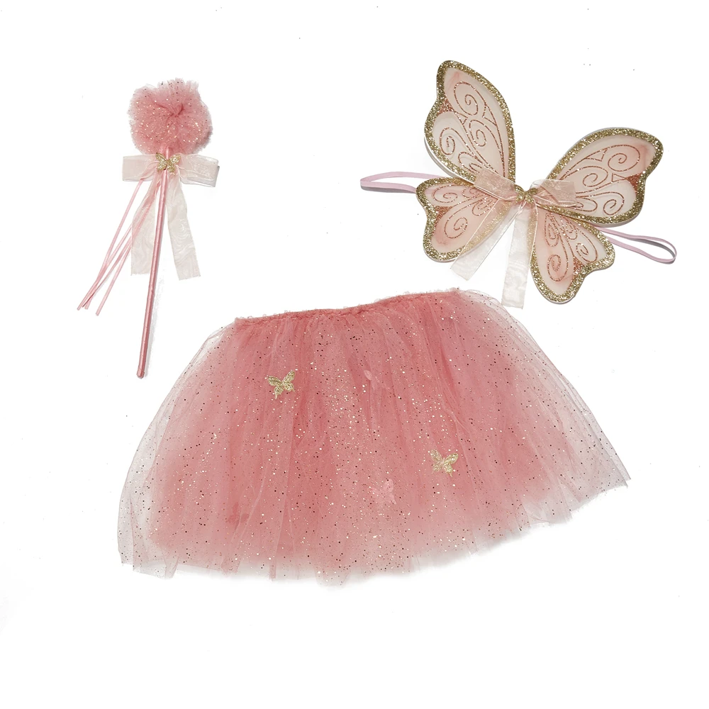 

Fashion design Boutique golden glitter Pink tutu skirt gold Butterfly wings and red flower wand tutu dress suit for girl