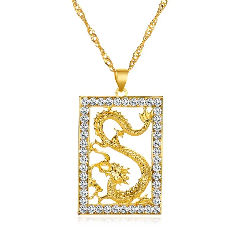 

Chinese Style 18k Gold Plated CZ Dragon Pendant Necklace Full Diamond Geometric Square Dragon Necklaces