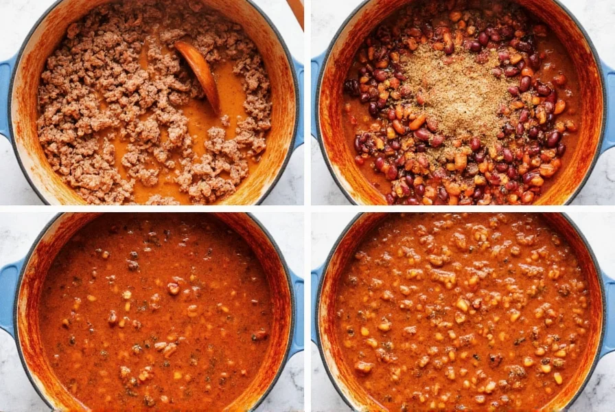Step-by-step photos of chili recipe with chili beans showing browning meat, adding spices, and final serving