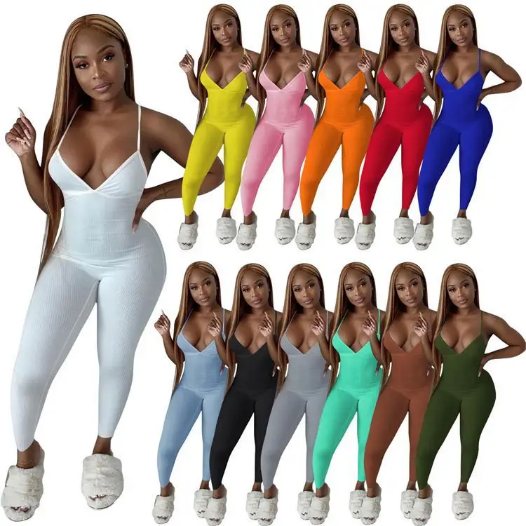 

CK Newest Design 2021 Summer Sexy Solid Color Backless Playsuits Knit Rib Women Bodycon Long Pants Jumpsuits And Romper