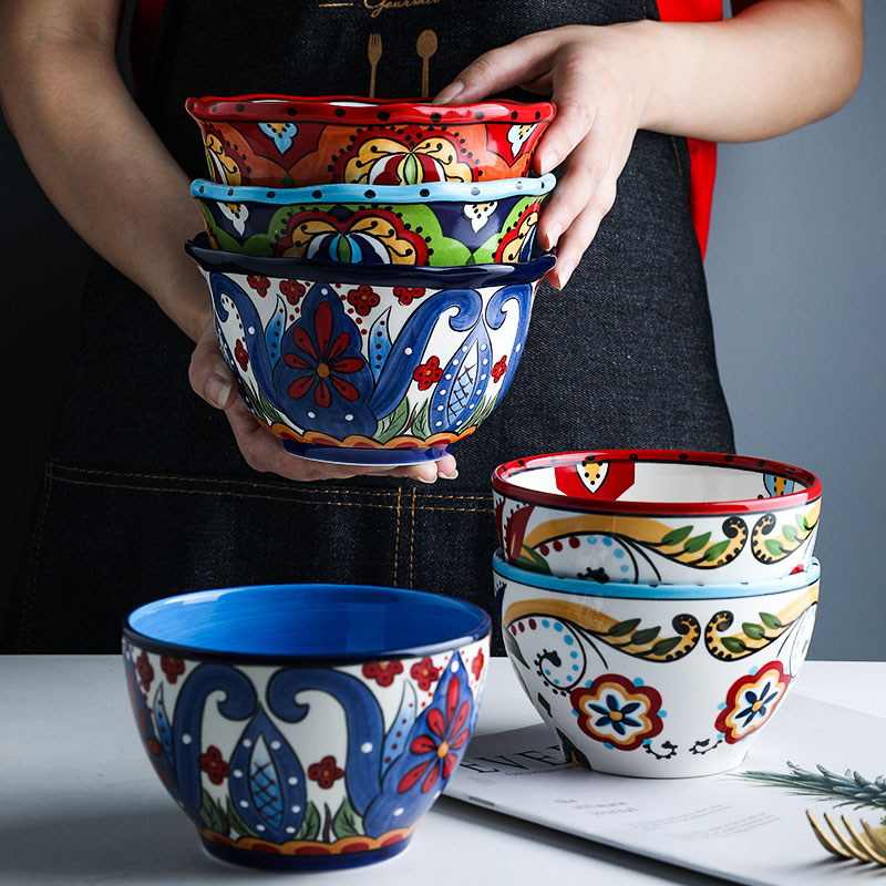 

Hand-painted Bohemian Restoring Ancient Underglaze Ceramic Bowl, Blue/red/white