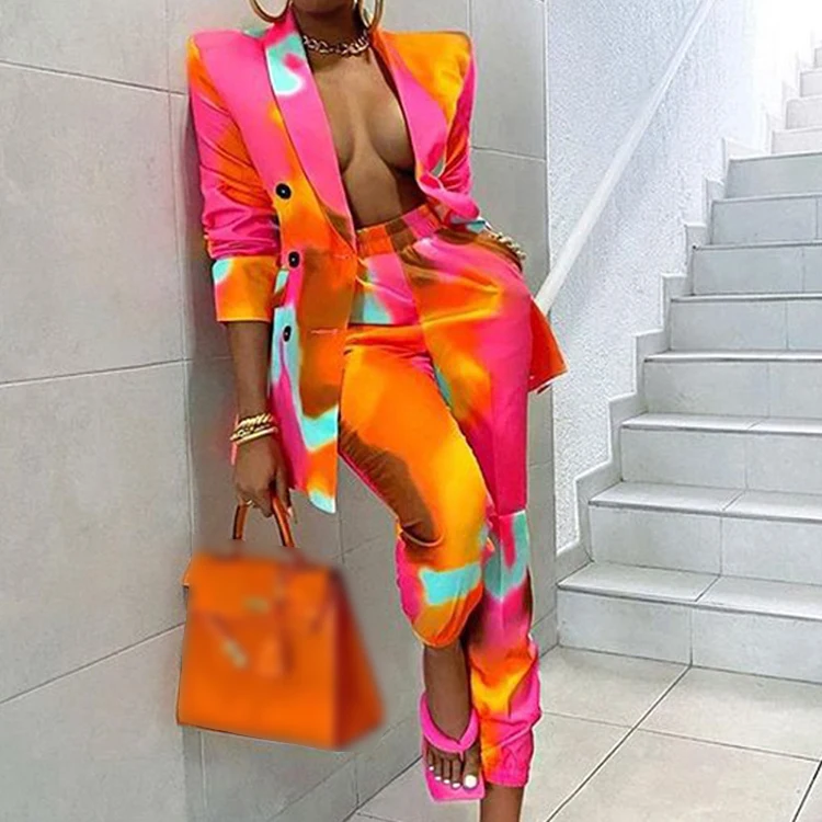 

Autumn Female Two Piece Outfits Fashion Print Long Sleeve Coat And Pants Casual Sets Womens Blazer Suits, Red