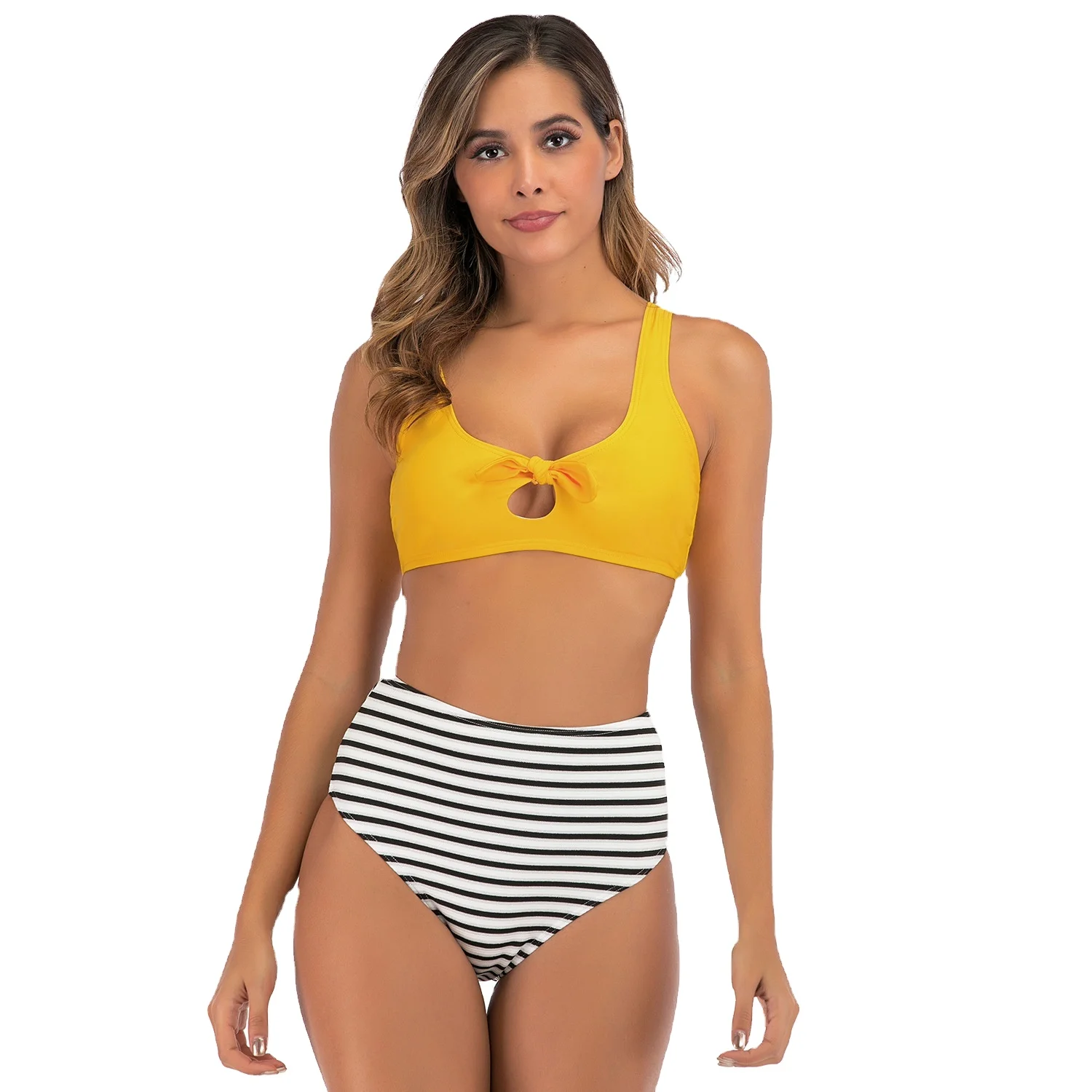 

Wholesale ladies swimwear bikini set custom LOGO sexy high waist durable quick-drying striped halter bikini, 3 color