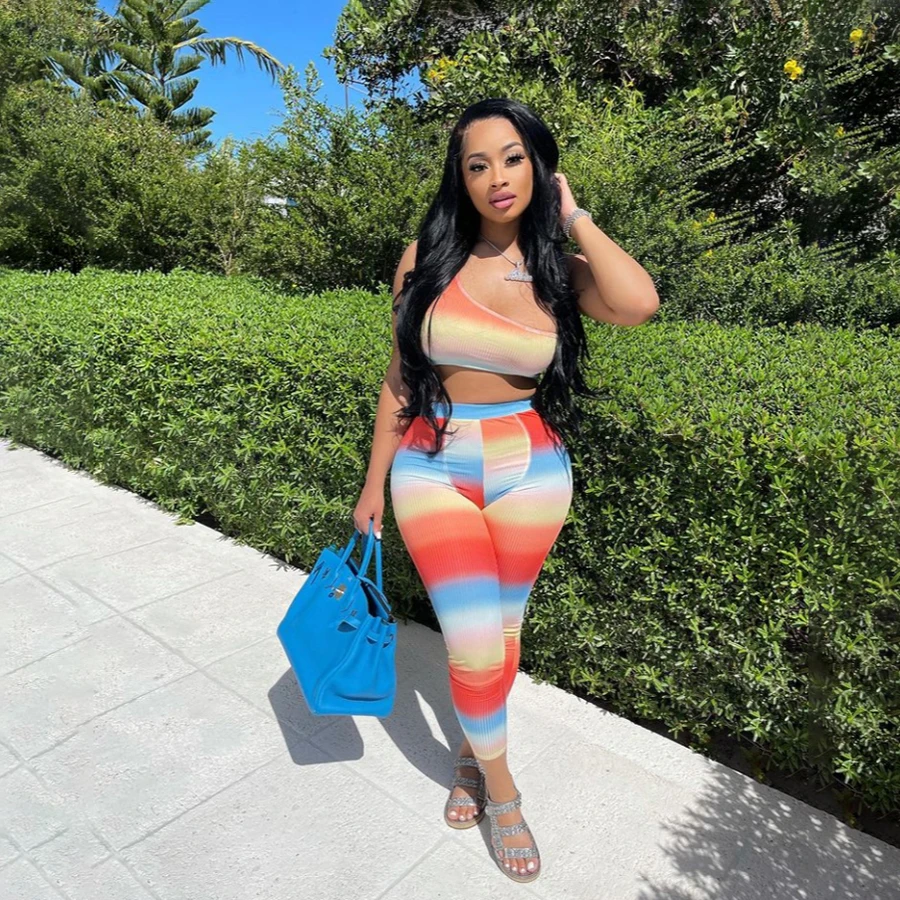 

Nibber K21S00652 Custom Wholesale Colorful Gradient Printed One Shoulder Sleeveless Top & Leggings Pants Set Women Two Piece Set, Colorful / green / purple / yellow