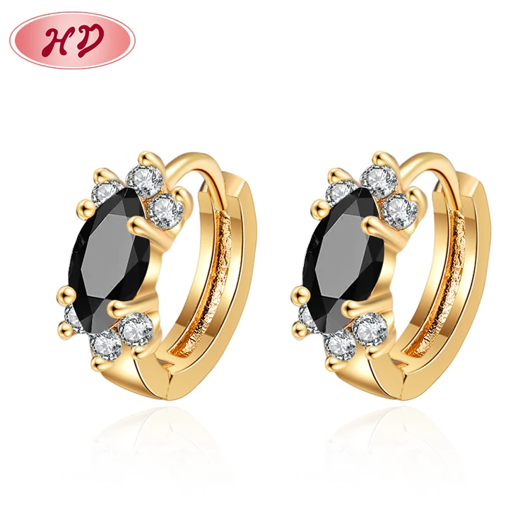 

Wholesale Fashion Earrings 2023 Classic Single Black Zircon Hoop Huggies Earrings Gold Plated 18K