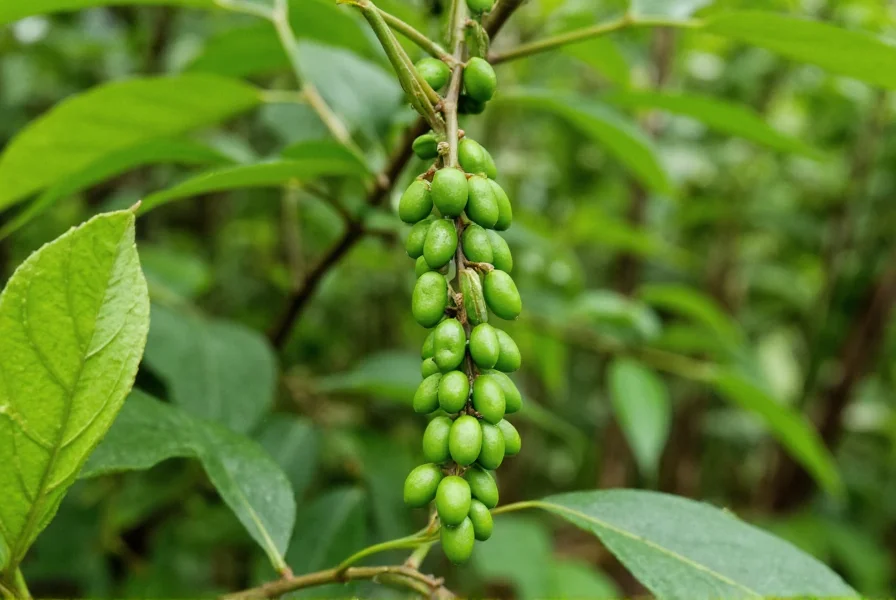 Piper nigrum vine with green peppercorns growing in tropical environment