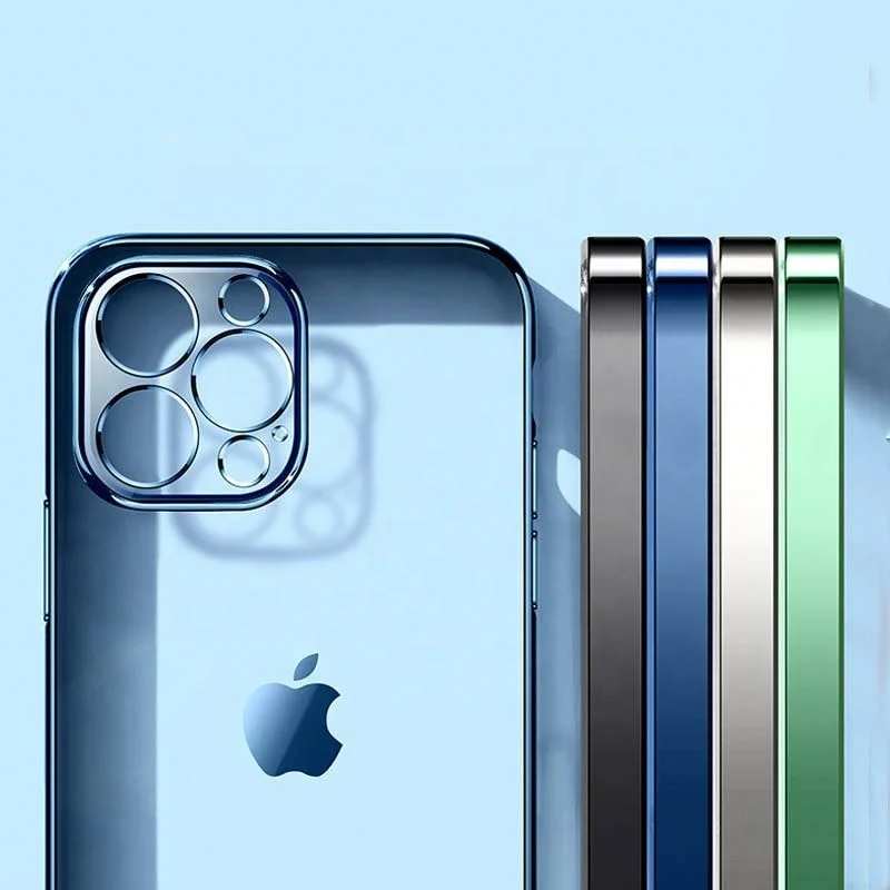 

Luxury Square Frame Plating Clear Phone Case For 12 11 Pro Max Mini X XR XS 7 8 Plus SE 2021 Transparent Silicone Cover, Purple green red black blue gold silver transparent rose gold