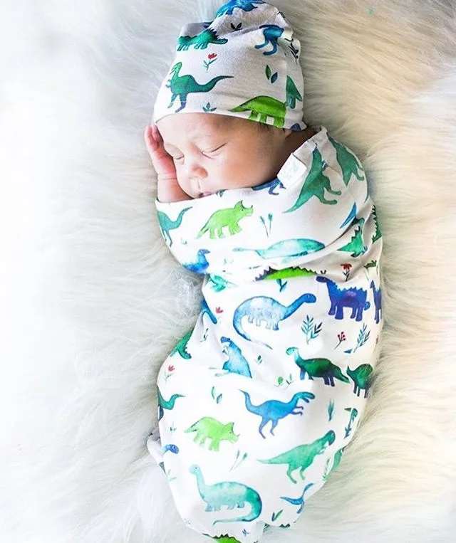 Cartoon Print Headband & Swaddle Blanket Set Newborn Baby Soft Sleeping Wrapping 