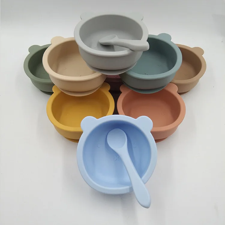 

2021 New Arrival Bear shape 100 % Food Grade Non-slip Silicone Baby Suction Feeding Bowl with spoon, Sage,ether,light grey,sand etc