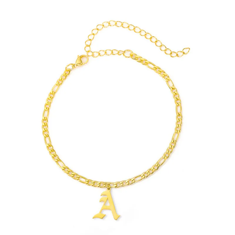 

Wholesale Custom 18k gold plated initial letter name charm figaro chain cuban link gold anklet bracelet for men women, Gold/rose gold/silver