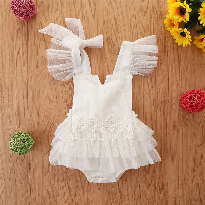 

Summer Newborn Infant Clothes Sleeveless Sling Sweet Lace Mesh Splicing One piece Headband Bodysuit Baby Girls Dress Rompers, Photo showed and customized color