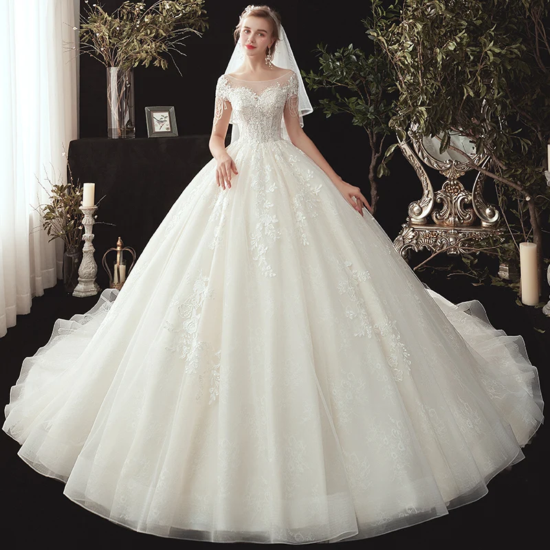 

Jancember JKM023 Chapel Train Sweetheart Illusion Embroidery Beading Lace Wedding Dress, Ivory