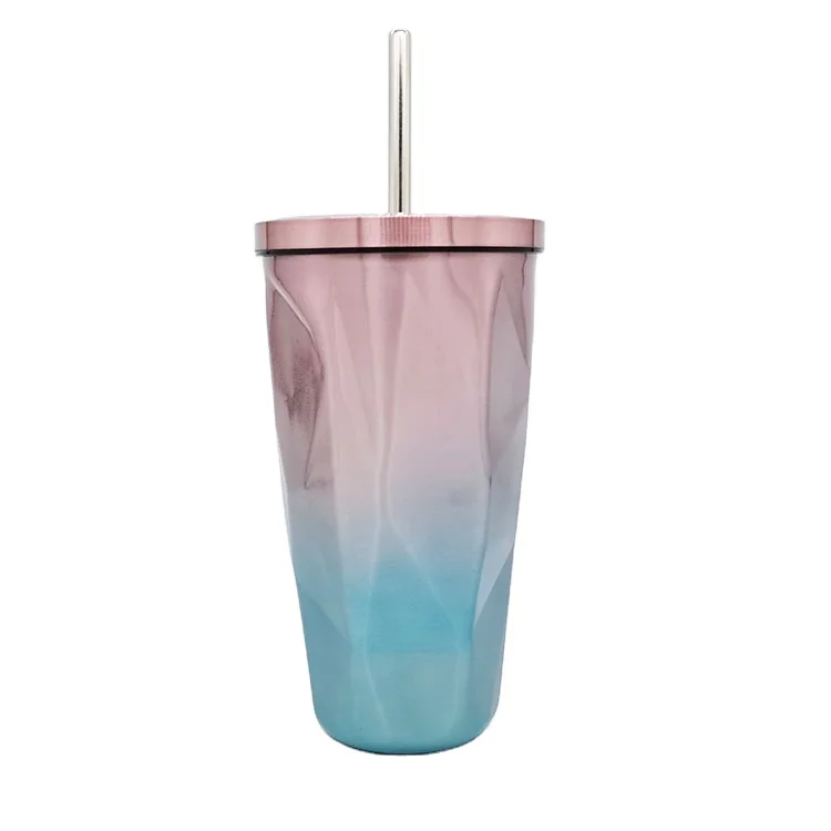 

High Quality 17OZ Vacuum Flasks 304 Insulated Stainless Steel Milk Tea Mug diamond gradient Coffee Cup With Straw, Colors