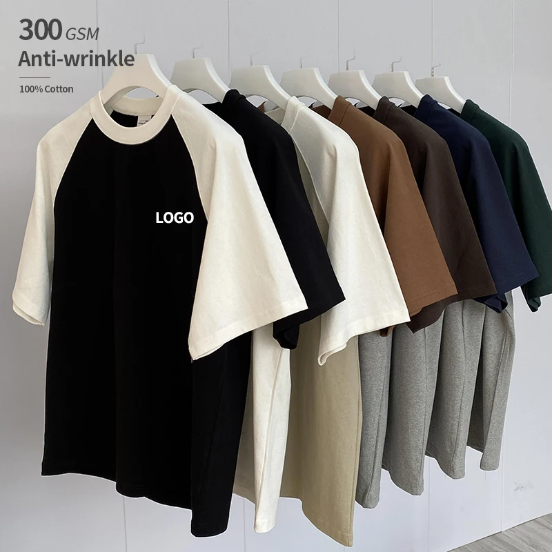 

300grams heavy 100% cotton Anti-wrinkle Breathable oversized contrast raglan sleeves vintage t shirt for men