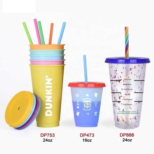 

2020 amazon hot sales Color Changing Cups, 24oz 5 Reusable Cold Drink Cups with Lids and Straws Summer Coffee Tumblers