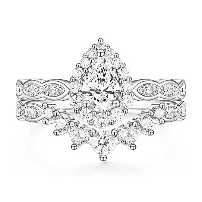OAHLAN Fashion Jewelry 1.0CT Teardrop Bridal Set Pear Cubic Zirconia Classic Halo CZ Copper Rings for Women Engagement Wedding