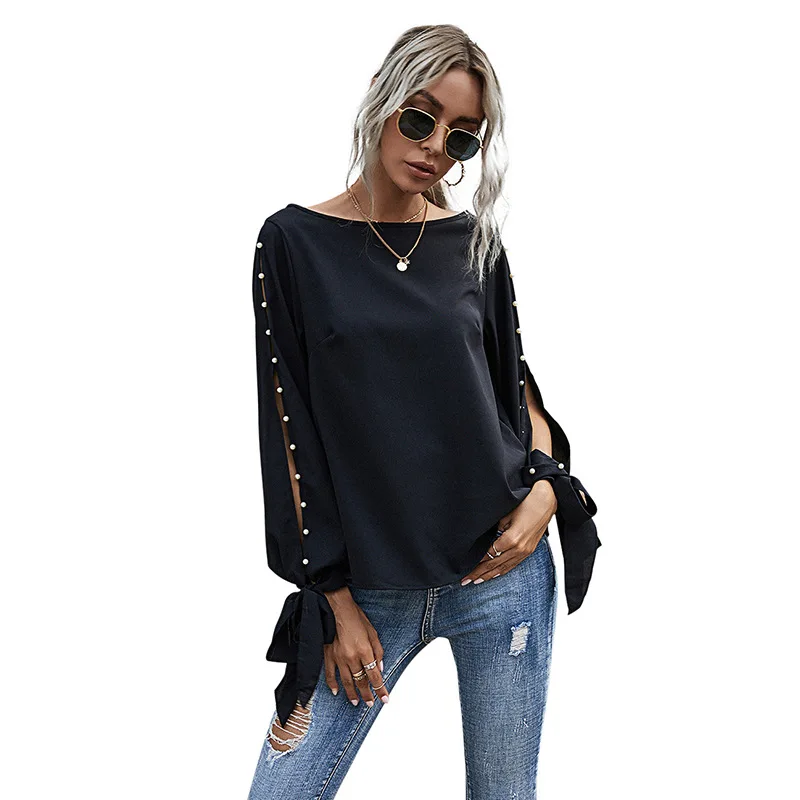 

2020 New arrivals Autumn winter Women Pearly button long sleeve o-neck blouse for women Tops stitch tops