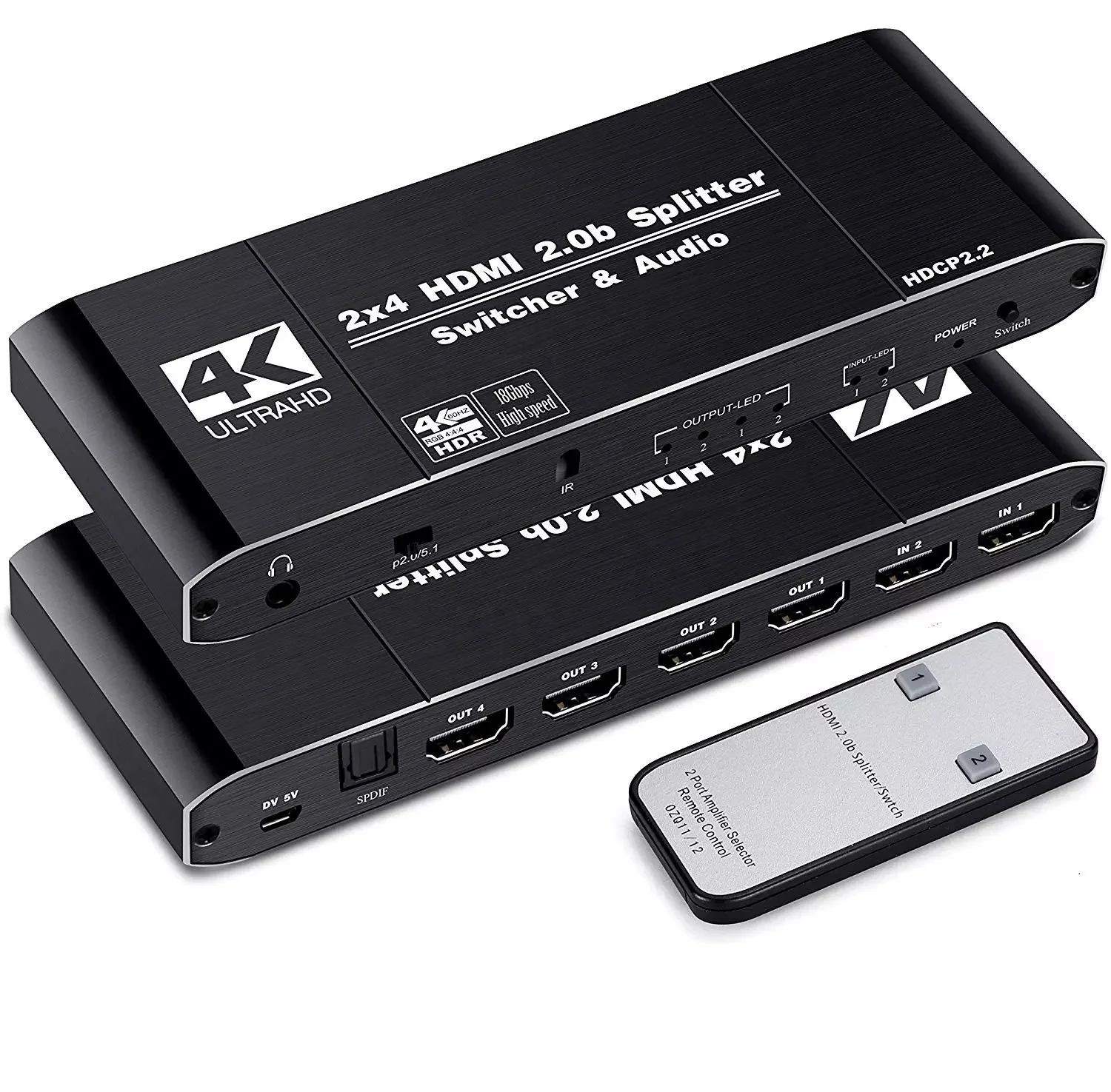 

OZQ12 4K@60Hz 2x4 HDMI 2.0B Switch Splitter Switcher SPDIF Audio 3.5mm & Scaler 2 in 4 out with Remote Support 4K 3D HDCP2.2, Black