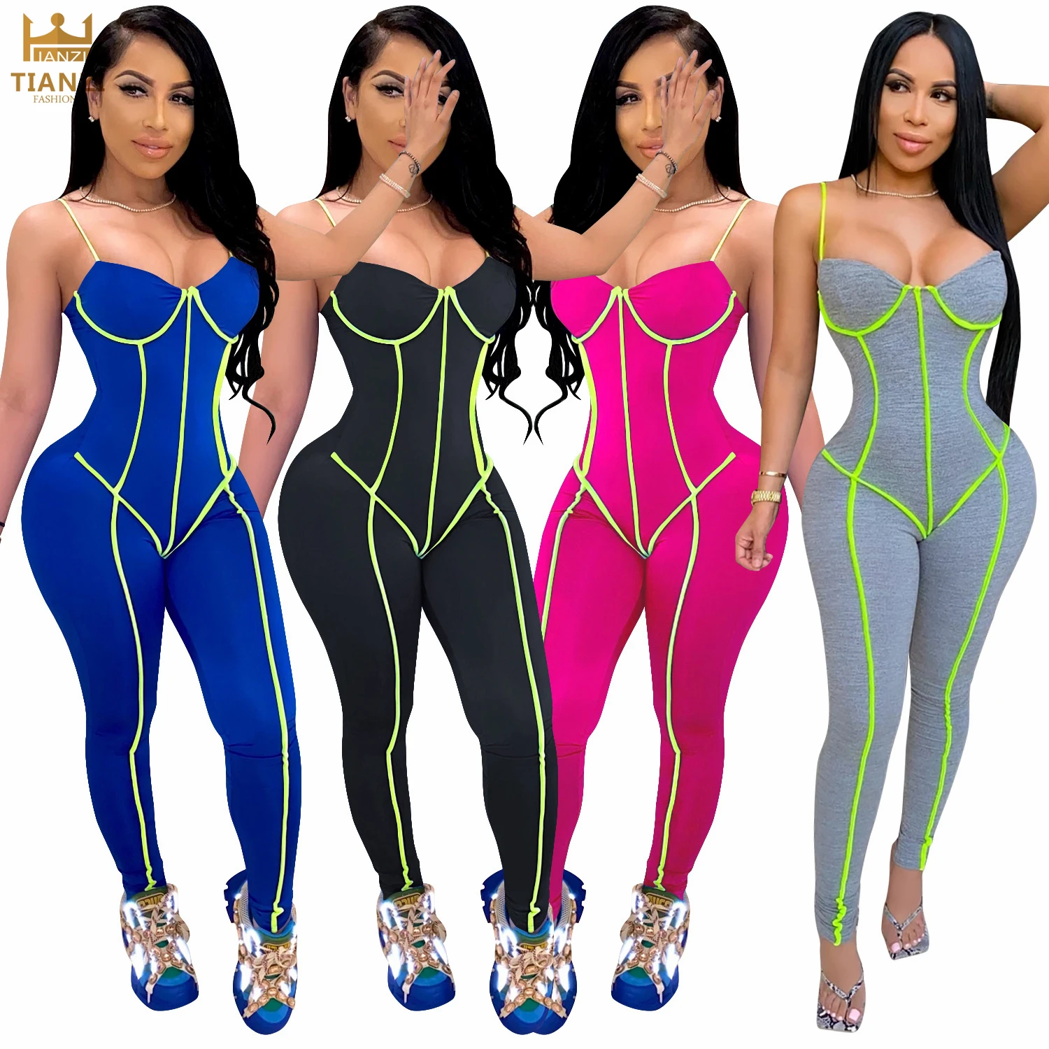 

X5198 - women fashion solid patchwork skinny bandage halter jumpsuit