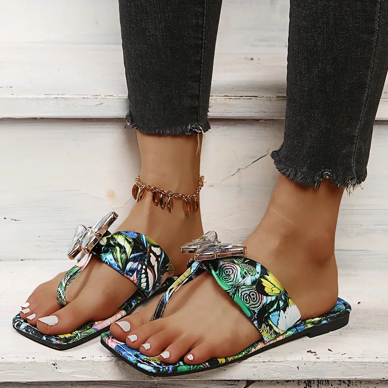 

2021 New Arrival Fashion Bow Butterfly Print Women Beach Flip Flops women's casual sandals women's sandals flat shoes, Black