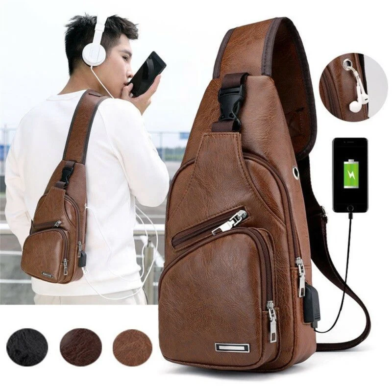

W240 fashion usb charging and earphone hook fanny pack pu leather sling bag men chest chest bag crossbody, Customized color