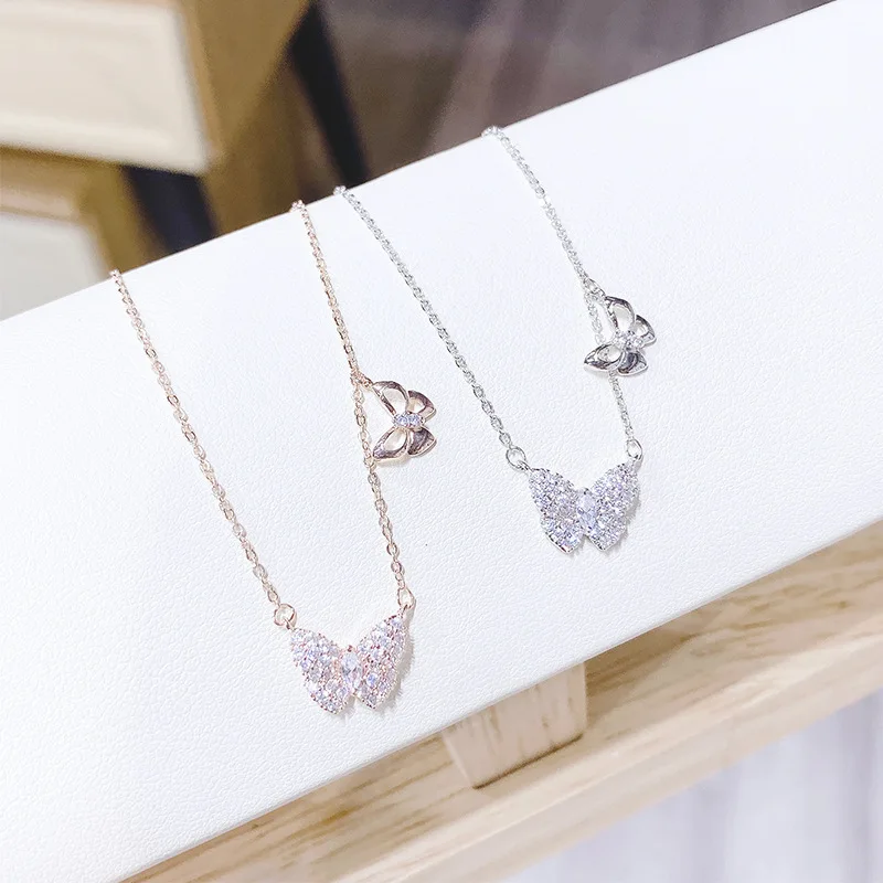 

Top Selling Bling Fully Iced Out Butterfly Pendant Necklace Shiny Rose Gold CZ Rhinestone Crystal Butterfly Necklace, Picture color