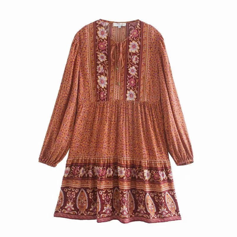 

Earth tone bohemian boho chic long sleeve loose baggy rayon dresses, Blue, brown