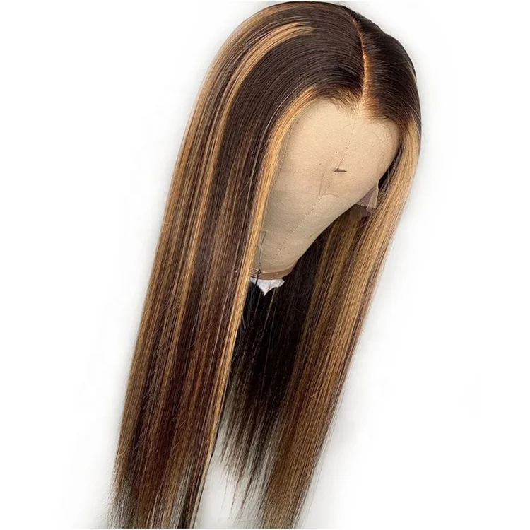 

150% Hair Density Silky Straight Long Brazilian Hair Wig Black Brown Highlight Human Hair Lace Wigs for Women