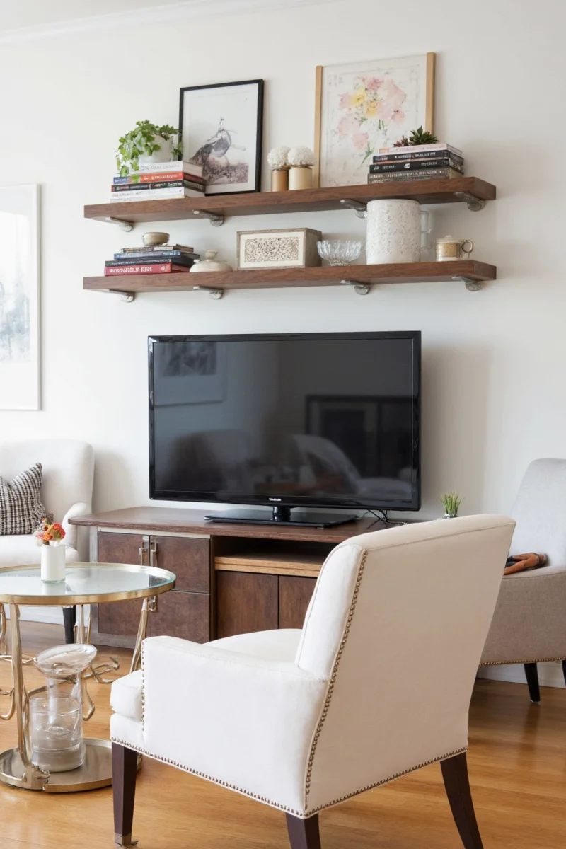 Large statement mirror above TV creating a luxurious look