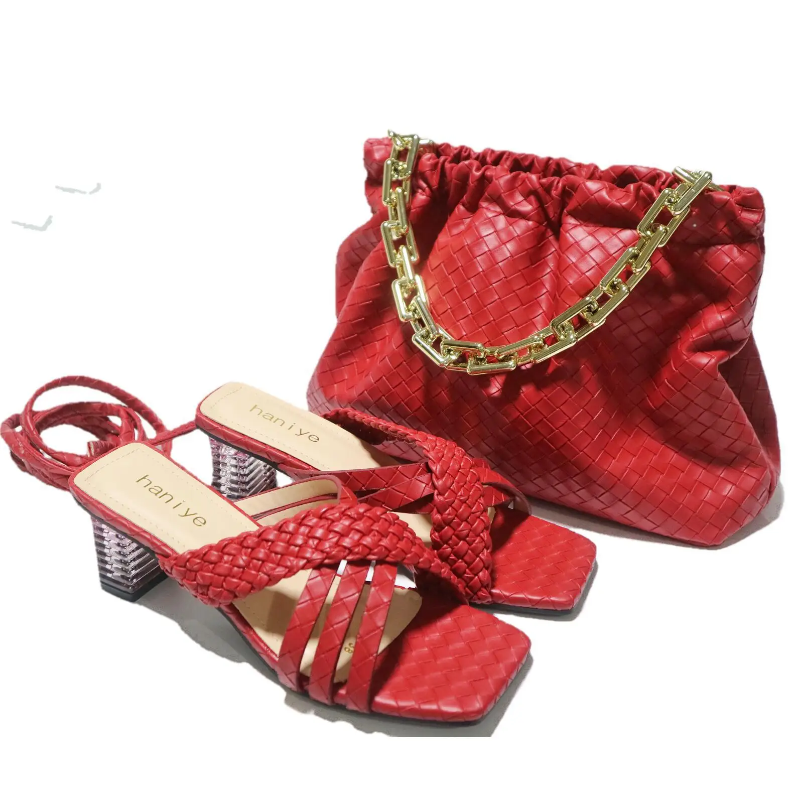 

2022 New Arrivals Women Chunky Heel Slippers and Tote Bag Set Ladies Square Toe Sandal Pumps PU Handbag 2pcs Set