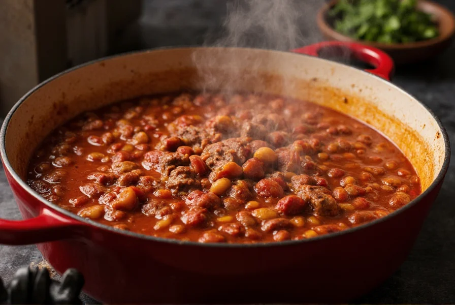 Perfectly cooked beef bean chili in a Dutch oven with steam rising, showing rich red color and visible beans and meat chunks