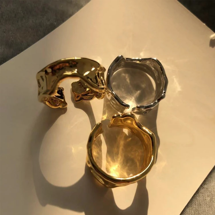 

Stylish 18K Gold Plated Open Irregular Ring Wide Band Hammered Gold Ring For Women Girls, Picture